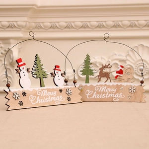 Set of two festive wooden Merry Christmas hanging signs with snowman and reindeer decor