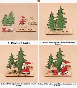 Step-by-step assembly of DIY wooden Christmas desk puzzle with Santa and reindeer
