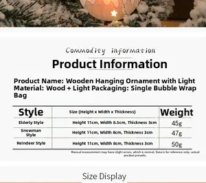 Detailed size chart for Nordic wooden LED Christmas ornaments featuring Santa and Reindeer