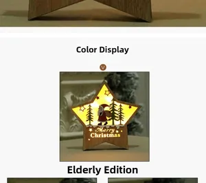 Detail of glowing wooden star ornament with Santa Claus and LED lights decoration