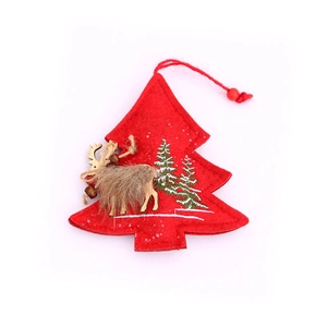 Red felt Christmas tree ornament with embroidered pine trees and 3D wooden reindeer