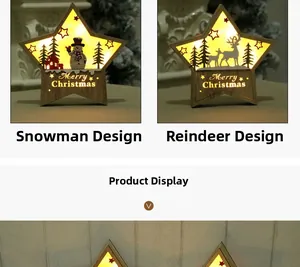 Detail of wooden LED Christmas stars featuring snowman and reindeer silhouette designs