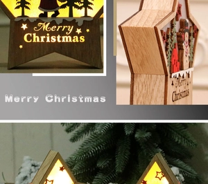 Makroansicht der leuchtenden Holzstern-Deko mit warmem LED-Licht und 3D-Waldszene-Details