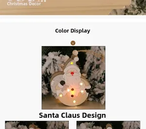 Detail of wooden Santa ornament with warm LED star lights and hand-painted finish