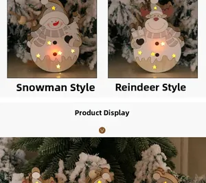 Detail of wooden glowing Christmas hangers with snowman and reindeer LED lights
