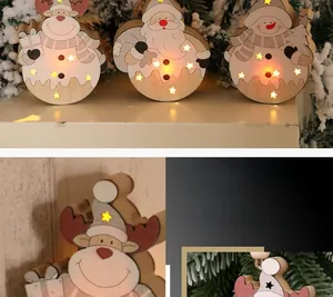 Close-up of wooden Christmas tree ornaments with warm LED lights and hollow star patterns