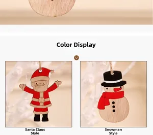 Detalle de adornos navideños de madera de Papá Noel y Muñeco de nieve con cuerda de yute