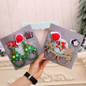 Christmas Party Decoration Glitter Xmas Tree Reindeer Antlers Glasses Frame Santa Hat Star Hair Clips Elastic Hair Ties For Kids Festive Accessory