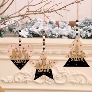 Lot de 3 décorations de Noël en bois avec motifs pailletés dorés et lettrage XMAS