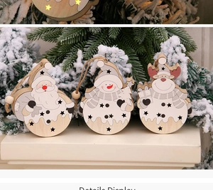 Close-up of Nordic wooden LED Christmas ornaments featuring Santa, snowman and deer