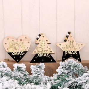 Lot de 3 décorations de Noël en bois noir et or 3D en forme de cœur, d'étoile et de sapin