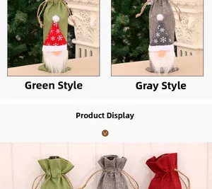 Gnome themed Christmas wine bottle covers with drawstring burlap bags and snowflake patterns