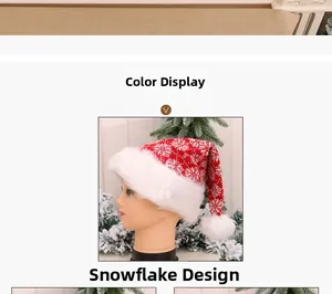 Close-up of knit Christmas hat with white snowflake patterns and plush fur pom-pom