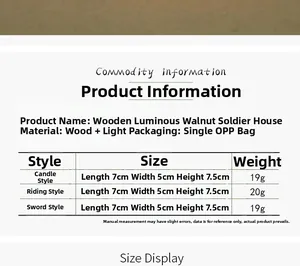 Size chart showing dimensions for luminous wooden Christmas nutcracker house ornaments