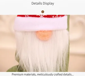 Detailed macro view of a Christmas gnome wine bottle cover with red snowflake knit fabric