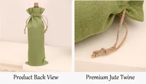 Detailed view of a green burlap wine bottle bag with natural jute drawstring for Christmas