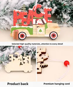 Détail de l'ornement camion rouge en bois avec texte PEACE, Père Noël et cordon de suspension