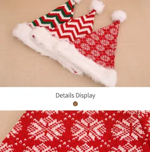 Detail display of festive knit Christmas hats with patterns and plush white pom-poms