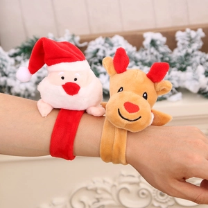 Festive Christmas plush snap bracelets featuring Santa Claus and reindeer on a wrist