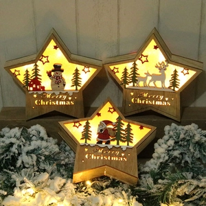 Dreiteilige hölzerne Stern-Weihnachtslichter mit Rentier- und Schneemann-Motiven und LED-Licht