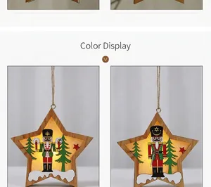 Dettaglio di ciondoli LED in legno a forma di stella con schiaccianoci e alberi