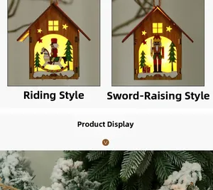 Detail of LED glowing wooden Christmas house ornaments with nutcracker soldier designs
