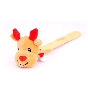 Plush Christmas reindeer snap bracelet with red antlers and scarf on white background