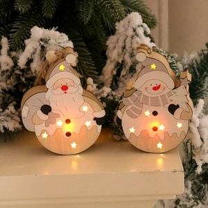 Nordic wooden glowing Christmas ornaments with LED lights featuring Santa and Snowman