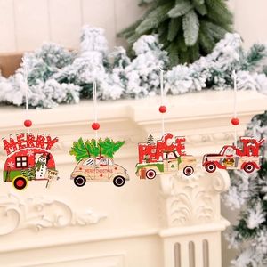 Décorations Suspendues en Bois de Noël Forme de Voiture et Camion Peints Père Noël Bonhomme de Neige Pendentif Décoratif pour Sapin de Noël Maison