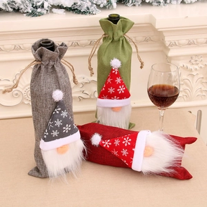 Christmas Gnome Wine Bottle Covers Linen Burlap Drawstring Gift Bags Snowflake Pattern Tomte Holiday Table Decorations