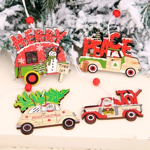 Lot de 4 suspensions de Noël en bois peint avec motifs de voitures et vœux festifs