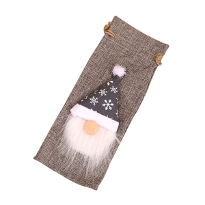 Christmas gnome wine bottle gift bag with grey snowflake hat and rustic jute drawstring