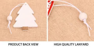 Detail of wooden Christmas tree ornament showing white back side and premium hanging cord