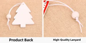 Detail of wooden Christmas tree ornament showing white back side and premium hanging cord