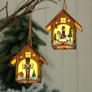 Hanging wooden Christmas house ornaments with LED lights and nutcracker figures
