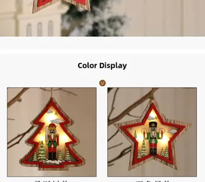 Detail of wooden LED Christmas ornaments in tree and star shapes with nutcracker design
