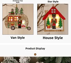 Close-up of LED glowing wooden Christmas ornaments featuring nutcracker and van designs