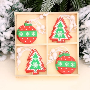 Christmas Wooden Hanging Ornaments Painted Snowflake Tree Round Pendants Holiday Tree Decorations Red Green White