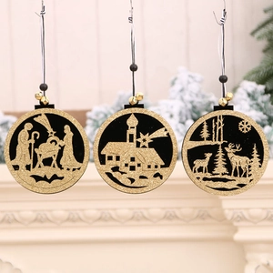 Driedelige zwart met gouden houten kersthangers met kerststal en bosterreinen