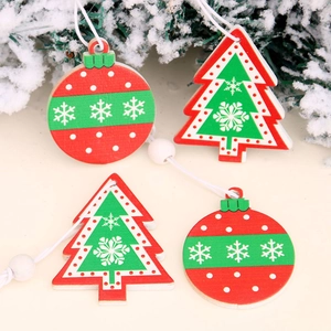 Christmas wooden tree and ball ornament set with red and green painted snowflakes