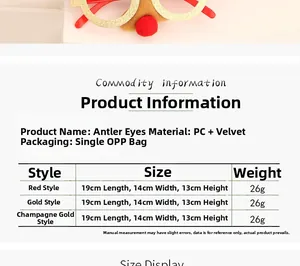Size chart showing reindeer Christmas glasses dimensions and specifications for kids