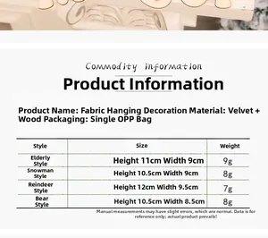 Size chart showing dimensions and weight for wooden and fabric Christmas ornaments