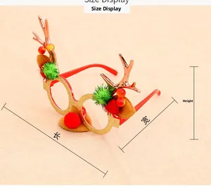 Detailed size display of Christmas reindeer antler glasses with gold glitter and pom poms