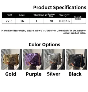 Size chart and dimensions for the sequined shoulder bag showing 22.5cm width and colors