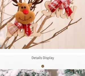 Close-up of wooden Christmas pendant with reindeer felt head and red checkered scarf decor
