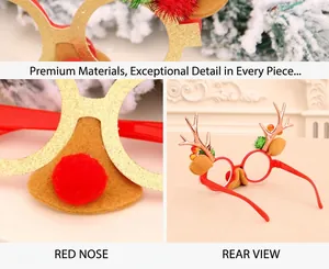 Detail of Christmas reindeer glasses with glitter frames and red pom-pom nose feature