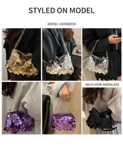 Collage of four glitter sequin chain handbags shown on models in various outfits
