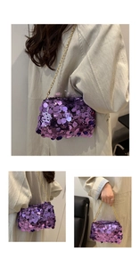 Detail of purple sequin handbag with gold chain strap shown in various wearing styles