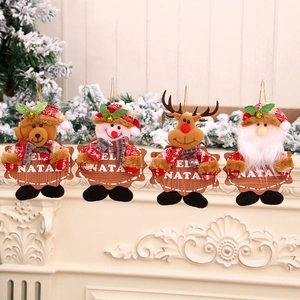 Ornamento Sospeso Natale Peluche Stoffa Targa Legno Babbo Natale Pupazzo Neve Renna Orso Decorazione Albero Camino Casa