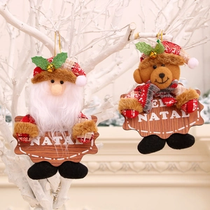 Addobbi natalizi in peluche Babbo Natale e orso con scritte Feliz Natal legno